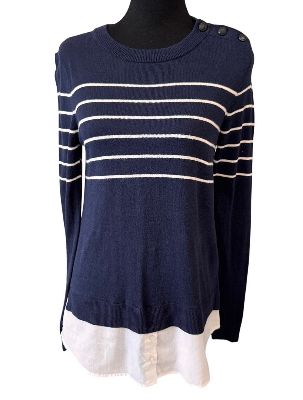 New CROWN & IVY Women's Blue White Stripe Pullover Sweater Size S